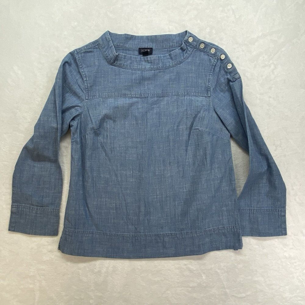 J. Crew‎ Top Womens 0 Funnel Neck in Blue Chambray Cotton Raw Hem back